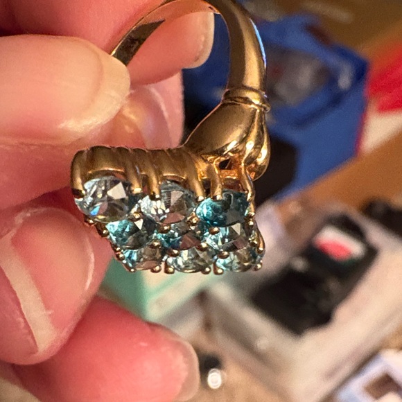 Vintage Blue Zircon Cluster Ring In 10K Solid Yellow Gold - Picture 7 of 8